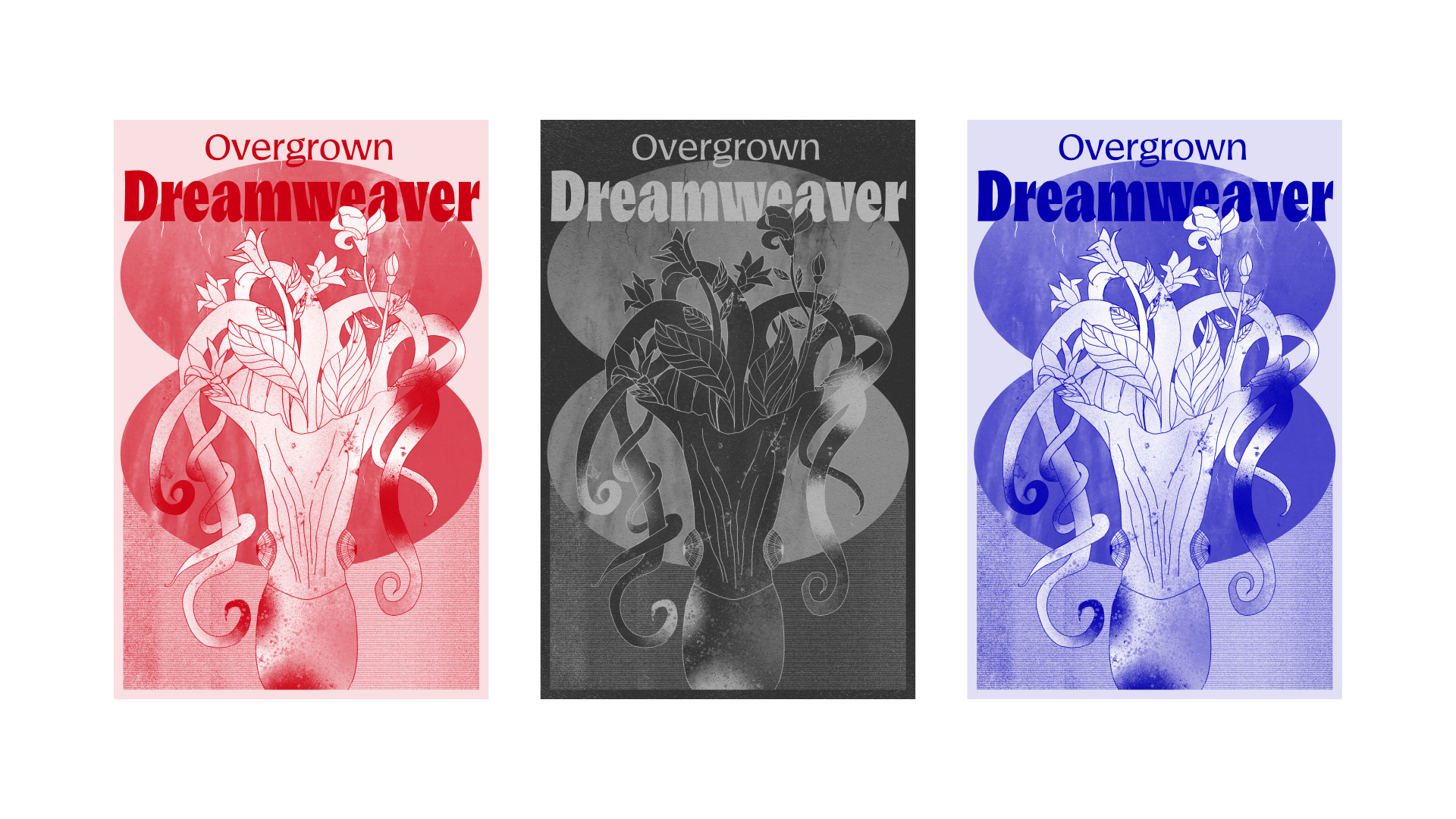 3 posters in a row containing the text Overgrown Dreamweaver and an illustration combing squid and plants.